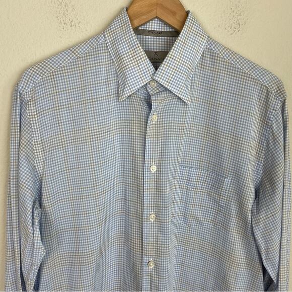 Canali Blue White Gray Plaid Button Down Long Sleeve Shirt Large - Picture 2 of 7